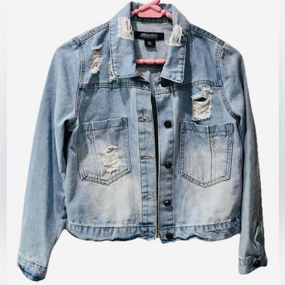 Jou Jou Women's Distressed Blue Denim Jacket size XL